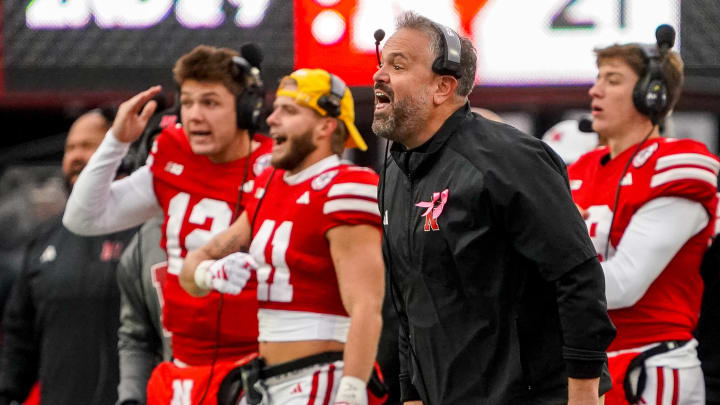 Oct 28, 2023; Lincoln, Nebraska, USA; Nebraska Cornhuskers head coach Matt Rhule during the fourth quarter against the Purdue Boilermakers at Memorial Stadium. Oct 28, 2023; Lincoln, Nebraska, USA; Nebraska Cornhuskers head coach Matt Rhule during the fourth quarter against the Purdue Boilermakers at Memorial Stadium.