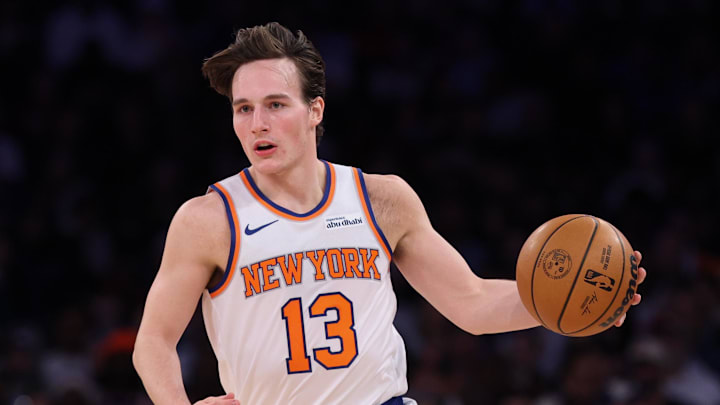 Dec 25, 2025; New York, New York, USA; New York Knicks guard Tyler Kolek (13) dribbles up court against the Cleveland Cavaliers during the second half at Madison Square Garden. Mandatory Credit: Vincent Carchietta-Imagn Images