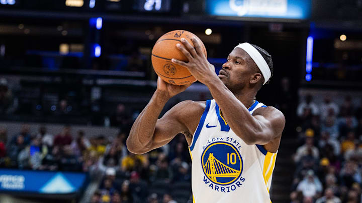 Nov 1, 2025; Indianapolis, Indiana, USA;  Golden State Warriors forward Jimmy Butler III (10) shoots the ball in the first half  against the Indiana Pacers at Gainbridge Fieldhouse. Mandatory Credit: Trevor Ruszkowski-Imagn Images