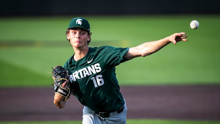 Michigan State's Joseph Dzierwa delivers a pitch during a NCAA Big Ten Conference baseball game against Iowa, Friday, May 12, 2023, at Duane Banks Field in Iowa City, Iowa.