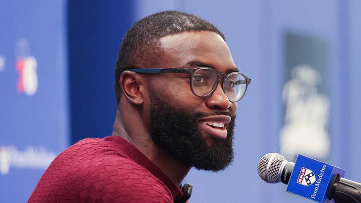 Aug 6, 2026; Camden, NJ, USA; Philadelphia 76ers guard Jaylen Brown speaks with the media during his introductory press conference at the Francis J. Myers Recreation Center on Aug. 6, 2026.