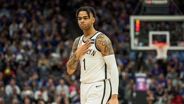 Mar 19, 2019; Sacramento, CA, USA; Brooklyn Nets guard D'Angelo Russell (1) slaps his chest during the second quarter against the Sacramento Kings at Golden 1 Center. Mandatory Credit: Ed Szczepanski-Imagn Images
