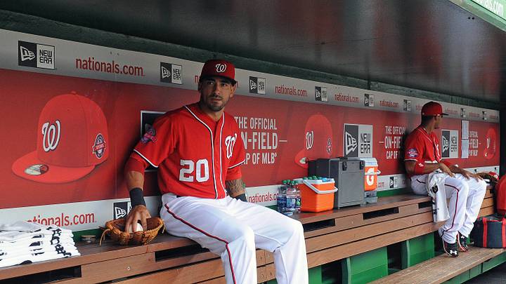 Sep 28, 2015; Washington, DC, USA; Washington Nationals shortstop Ian Desmond (20) in the dugout before the game between the Washington Nationals and the Cincinnati Reds at Nationals Park. Mandatory Credit: Brad Mills-USA TODAY Sports