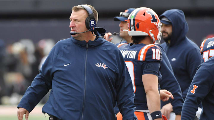 Nov 1, 2025; Champaign, Illinois, USA;  Illinois Fighting Illini head coach Bret Bielema on the sidelines during the second half against the Rutgers Scarlet Knights at Memorial Stadium. Mandatory Credit: Ron Johnson-Imagn Images