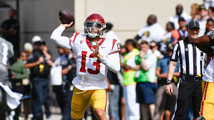 Sep 30, 2023; Boulder, Colorado, USA; USC Trojans quarterback Caleb Williams (13) in the third