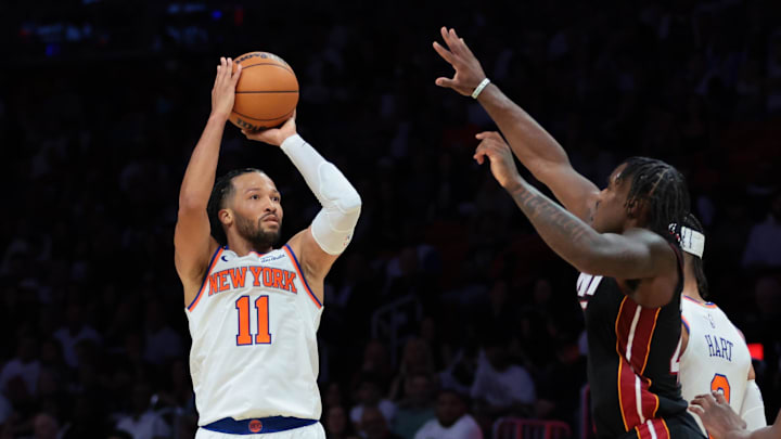 Oct 26, 2025; Miami, Florida, USA; New York Knicks guard Jalen Brunson (11) shoots the basketball against Miami Heat guard Davion Mitchell (45) during the fourth quarter at Kaseya Center. Mandatory Credit: Sam Navarro-Imagn Images Oct 26, 2025; Miami, Florida, USA; New York Knicks guard Jalen Brunson (11) shoots the basketball against Miami Heat guard Davion Mitchell (45) during the fourth quarter at Kaseya Center. Mandatory Credit: Sam Navarro-Imagn Images