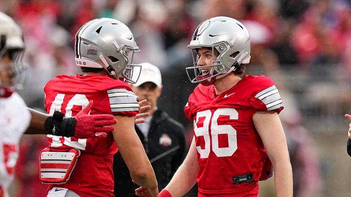 Kicker Connor Hawkins (96) reacts after making a field goal in the first half of the Ohio State football spring game at Ohio Stadium on Saturday, April 18, 2026 in Columbus, Ohio. Kicker Connor Hawkins (96) reacts after making a field goal in the first half of the Ohio State football spring game at Ohio Stadium on Saturday, April 18, 2026 in Columbus, Ohio.