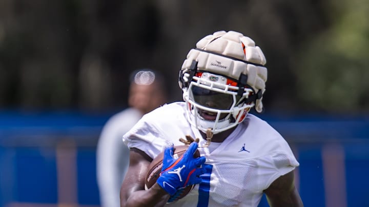 Florida Gators running back Montrell Johnson Jr. (1) hauls in a pass during Fall practice at Sanders Practice Fields in Gainesville, FL on Thursday, August 1, 2024. [Doug Engle/Gainesville Sun]
