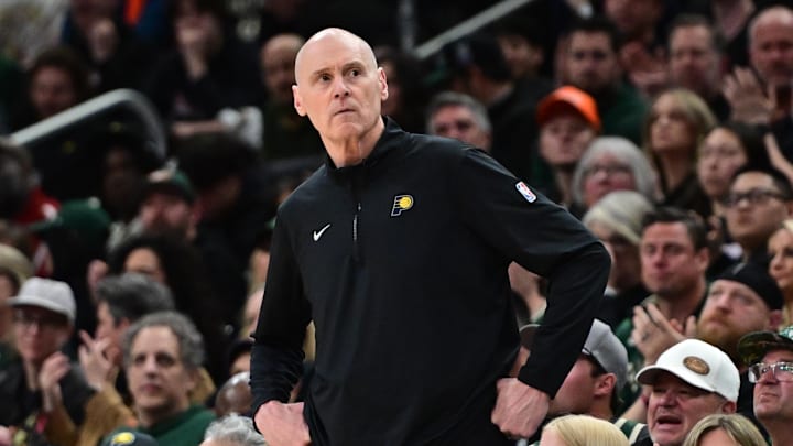 Apr 27, 2025; Milwaukee, Wisconsin, USA; Indiana Pacers head coach Rick Carlisle looks on in the fourth quarter against the Milwaukee Bucks during game four of first round for the 2024 NBA Playoffs at Fiserv Forum. Mandatory Credit: Benny Sieu-Imagn Images