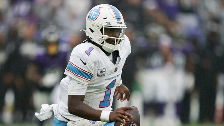 Oct 4, 2026; Baltimore, Maryland, USA;  Tennessee Titans quarterback Cam Ward (1) runs with the ball against the Baltimore Ravens during the third quarter at M&T Bank Stadium.  Mandatory Credit: Mitch Stringer-Imagn Images