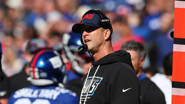 Oct 18, 2026; East Rutherford, New Jersey, USA; New York Giants head coach John Harbaugh watches game play against the New Orleans Saints during the first quarter at MetLife Stadium. Oct 18, 2026; East Rutherford, New Jersey, USA; New York Giants head coach John Harbaugh watches game play against the New Orleans Saints during the first quarter at MetLife Stadium.