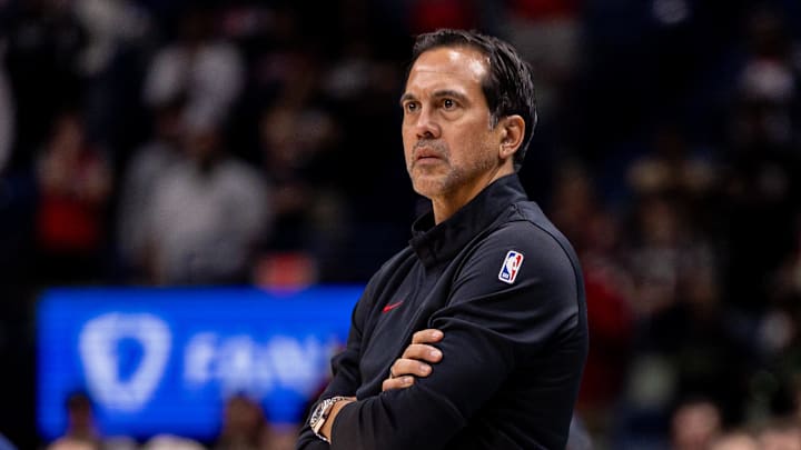 Feb 11, 2026; New Orleans, Louisiana, USA; Miami Heat Head Coach Erik Spoelstra looks on against the New Orleans Pelicans during the first half at Smoothie King Center. Mandatory Credit: Stephen Lew-Imagn Images