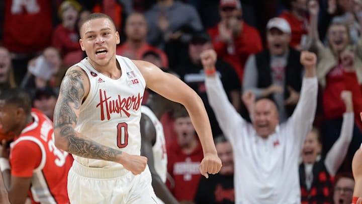 Jan 2, 2022; Lincoln, Nebraska, USA; Nebraska Cornhuskers guard C.J. Wilcher (0) reacts after a basket