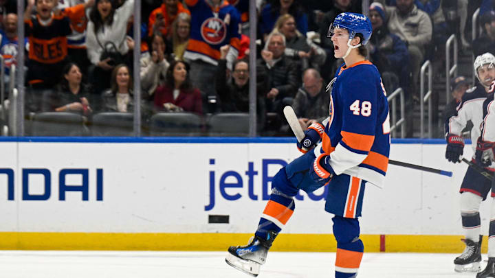 Nov 2, 2025; Elmont, New York, USA;  New York Islanders defenseman Matthew Schaefer (48) celebrates his goal against the Columbus Blue Jackets during the first period at UBS Arena. Mandatory Credit: Dennis Schneidler-Imagn Images