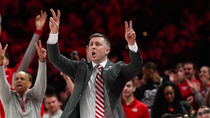 Ohio State Buckeyes head coach Jake Diebler reacts in the first half against the UCLA Bruins at Value City Arena on Saturday, Jan. 17, 2026 in Columbus, Ohio.