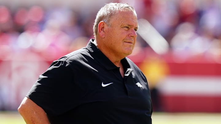 Razorbacks coach Sam Pittman walks out onto the field to speak with an official during the second half against the Alabama Crimson Tide at Bryant-Denny Stadium. 