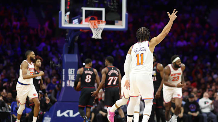 Jan 24, 2026; Philadelphia, Pennsylvania, USA; New York Knicks guard Jalen Brunson (11) reacts to his three pointer against the Philadelphia 76ers during the third quarter at Xfinity Mobile Arena. Mandatory Credit: Bill Streicher-Imagn Images