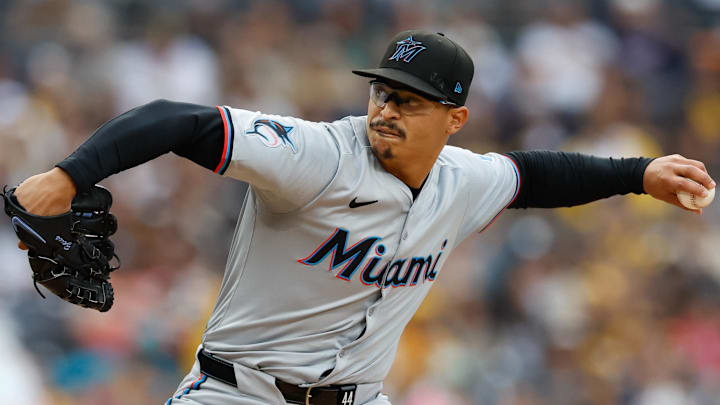 May 28, 2024; San Diego, California, USA; Miami Marlins starting pitcher Jesus Luzardo (44) throws a pitch during the first inning against the San Diego Padres  at Petco Park.