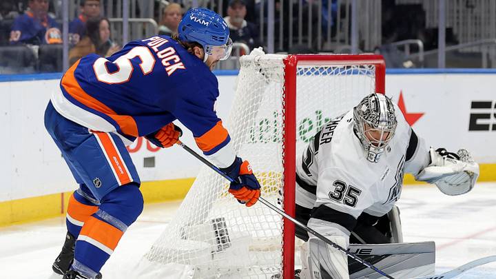 Oct 22, 2026; Elmont, New York, USA; Los Angeles Kings goaltender Darcy Kuemper (35) makes a save against New York Islanders defenseman Ryan Pulock (6) during the second period at UBS Arena. Mandatory Credit: Brad Penner-Imagn Images Oct 22, 2026; Elmont, New York, USA; Los Angeles Kings goaltender Darcy Kuemper (35) makes a save against New York Islanders defenseman Ryan Pulock (6) during the second period at UBS Arena. Mandatory Credit: Brad Penner-Imagn Images