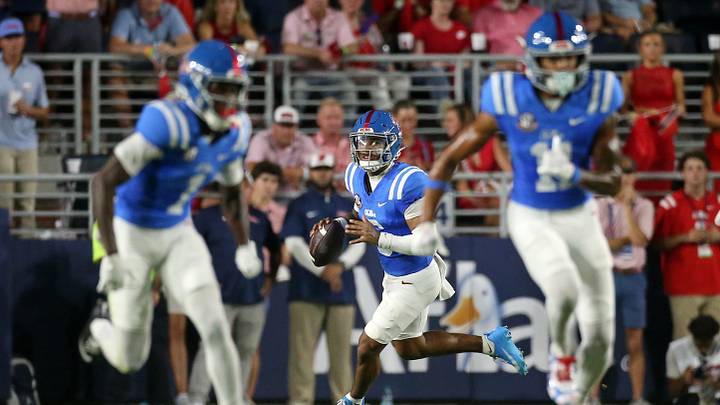 Sep 19, 2026; Oxford, Mississippi, USA; Mississippi Rebels quarterback Trinidad Chambliss (6) rolls out to pass during the second quarter against the LSU Tigers at Vaught-Hemingway Stadium. Mandatory Credit: Petre Thomas-Imagn Images Sep 19, 2026; Oxford, Mississippi, USA; Mississippi Rebels quarterback Trinidad Chambliss (6) rolls out to pass during the second quarter against the LSU Tigers at Vaught-Hemingway Stadium. Mandatory Credit: Petre Thomas-Imagn Images