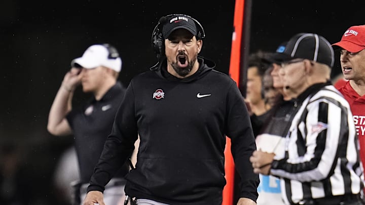Ohio State Buckeyes head coach Ryan Day yells during the NCAA football game against the UCLA Bruins at Ohio Stadium in Columbus on Nov. 15, 2025.