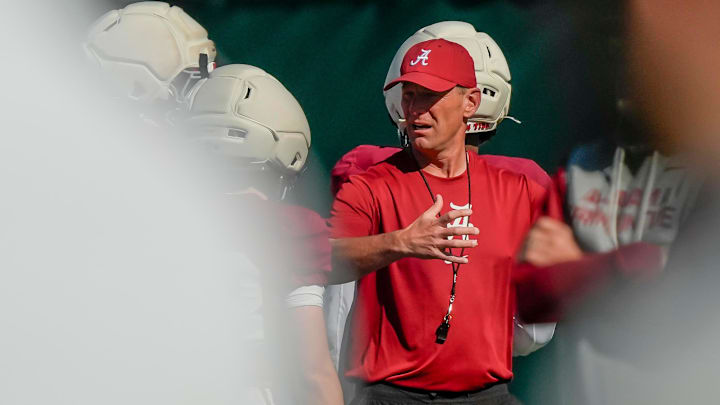April 7, 2026; Tuscaloosa, AL, USA; Head coach Kalen Deboer directs players during Spring Practice at the University of Alabama. April 7, 2026; Tuscaloosa, AL, USA; Head coach Kalen Deboer directs players during Spring Practice at the University of Alabama.