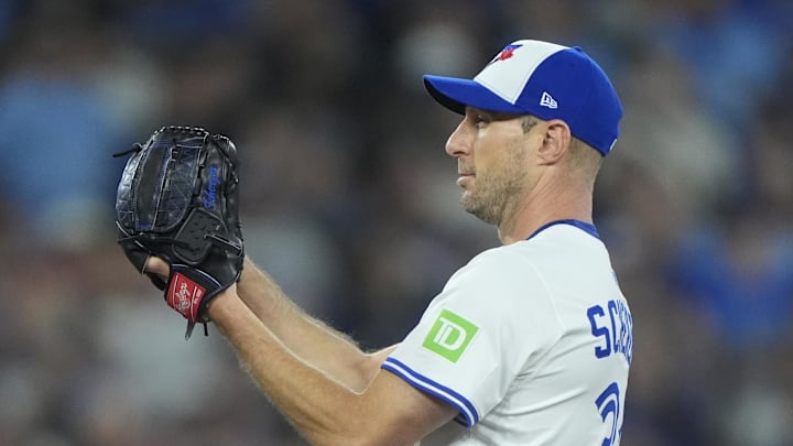 Nov 1, 2025; Toronto, Ontario, CAN; Toronto Blue Jays pitcher Max Scherzer (31) pitches against the Los Angeles Dodgers in the first inning during game seven of the 2025 MLB World Series at Rogers Centre. Mandatory Credit: John E. Sokolowski-Imagn Images
