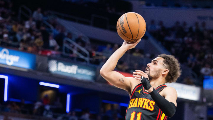 Apr 14, 2024; Indianapolis, Indiana, USA; Atlanta Hawks guard Trae Young (11) shoots the ball while Indiana Pacers guard T.J. McConnell (9) defends in the second half at Gainbridge Fieldhouse. Mandatory Credit: Trevor Ruszkowski-USA TODAY Sports Apr 14, 2024; Indianapolis, Indiana, USA; Atlanta Hawks guard Trae Young (11) shoots the ball while Indiana Pacers guard T.J. McConnell (9) defends in the second half at Gainbridge Fieldhouse. Mandatory Credit: Trevor Ruszkowski-USA TODAY Sports