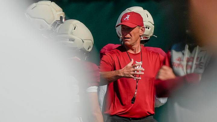 April 7, 2026; Tuscaloosa, AL, USA; Head coach Kalen Deboer directs players during Spring Practice at the University of Alabama.