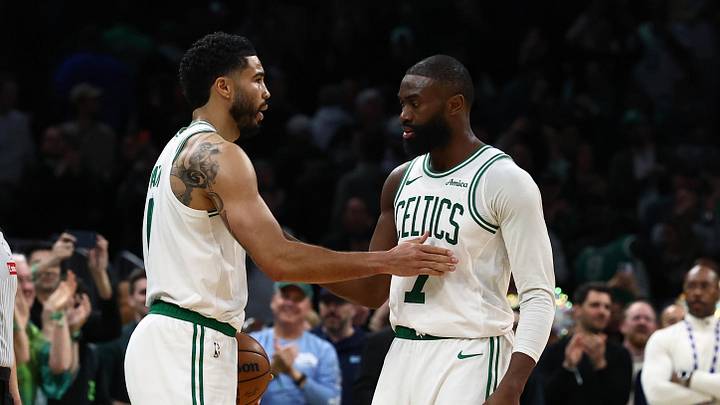 Mar 25, 2026; Boston, Massachusetts, USA; Boston Celtics guard Jaylen Brown (7) and forward Jayson Tatum (0) congratulate each other in the final seconds of the fourth quarter of their win over the Oklahoma City Thunder at TD Garden. Mandatory Credit: Winslow Townson-Imagn Images