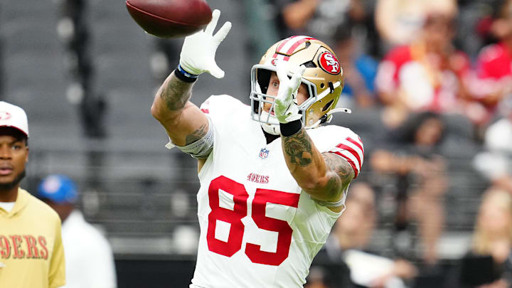 Aug 16, 2025; Paradise, Nevada, USA; San Francisco 49ers tight end George Kittle (85) warms up before a preseason game against the Las Vegas Raiders at Allegiant Stadium. Mandatory Credit: Stephen R. Sylvanie-Imagn Images
