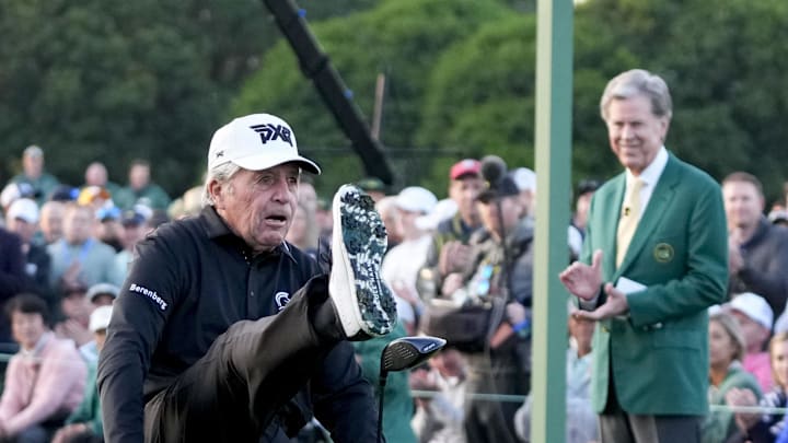 Apr 10, 2025; Augusta, Georgia, USA; Gary Player tees off as an honorary starter during the first round of the Masters Tournament. Mandatory Credit: Kyle Terada-Imagn Images