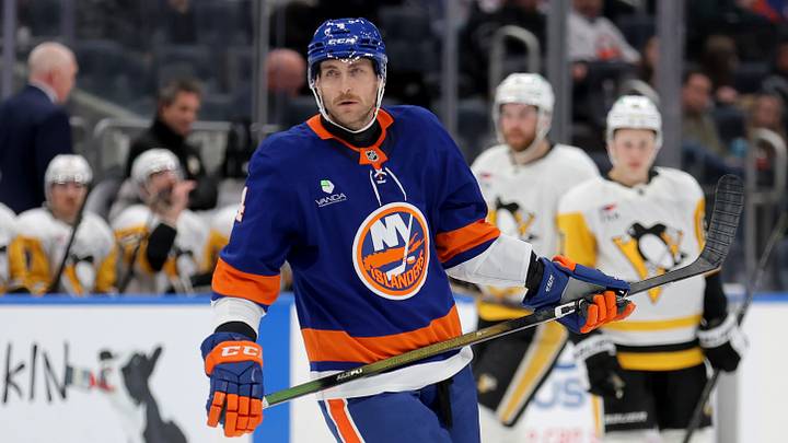 Feb 3, 2026; Elmont, New York, USA; New York Islanders defenseman Carson Soucy (4) skates against the Pittsburgh Penguins during the third period at UBS Arena. Mandatory Credit: Brad Penner-Imagn Images Feb 3, 2026; Elmont, New York, USA; New York Islanders defenseman Carson Soucy (4) skates against the Pittsburgh Penguins during the third period at UBS Arena. Mandatory Credit: Brad Penner-Imagn Images