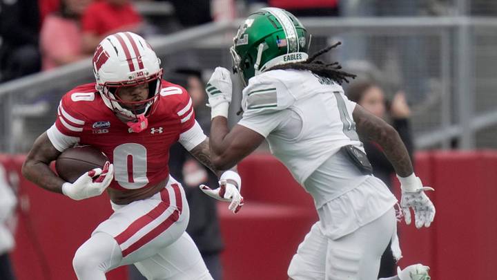 Wisconsin wide receiver Tyrell Henry (0) makes a reception during the first quarter of their game against Eastern Michigan Saturday, Sept. 19, 2026 at Camp Randall Stadium in Madison, Wisconsin.