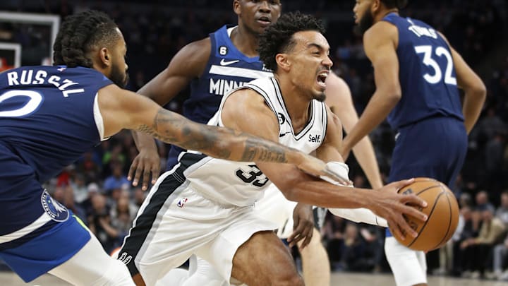 Oct 26, 2022; Minneapolis, Minnesota, USA; Minnesota Timberwolves guard D'Angelo Russell (0) fouls