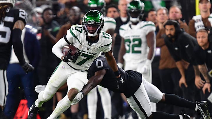Nov 12, 2023; Paradise, Nevada, USA; New York Jets wide receiver Garrett Wilson (17) moves the ball