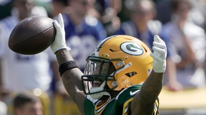 Green Bay Packers safety Xavier McKinney (29) celebrates his interception during the first quarter of their game Sunday, September 15, 2024 at Lambeau Field in Green Bay, Wisconsin. The Green Bay Packers beat the Indianapolis Colts 16-10.