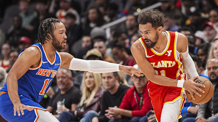 Nov 6, 2024; Atlanta, Georgia, USA; Atlanta Hawks guard Trae Young (11) is defended by New York Knicks guard Jalen Brunson (11) during the first half at State Farm Arena. Mandatory Credit: Dale Zanine-Imagn Images Nov 6, 2024; Atlanta, Georgia, USA; Atlanta Hawks guard Trae Young (11) is defended by New York Knicks guard Jalen Brunson (11) during the first half at State Farm Arena. Mandatory Credit: Dale Zanine-Imagn Images