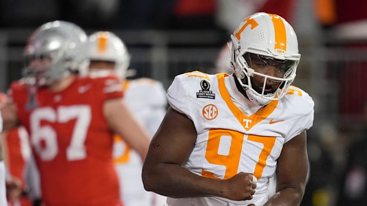 Tennessee defensive lineman Jayson Jenkins (97) reacts in frustration after Ohio State scored during the NCAA college football playoff game on Saturday, Dec. 21, 2024, in Columbus, Ohio.