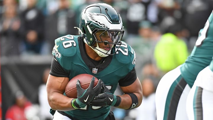 Dec 8, 2024; Philadelphia, Pennsylvania, USA; Philadelphia Eagles running back Saquon Barkley (26) against the Carolina Panthers at Lincoln Financial Field. Dec 8, 2024; Philadelphia, Pennsylvania, USA; Philadelphia Eagles running back Saquon Barkley (26) against the Carolina Panthers at Lincoln Financial Field.