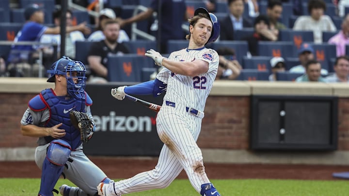 May 29, 2024; New York City, New York, USA; New York Mets third baseman Brett Baty (22) strikes out with two runners on base to end the sixth inning against the Los Angeles Dodgers at Citi Field. Mandatory Credit: Wendell Cruz-Imagn Images May 29, 2024; New York City, New York, USA; New York Mets third baseman Brett Baty (22) strikes out with two runners on base to end the sixth inning against the Los Angeles Dodgers at Citi Field. Mandatory Credit: Wendell Cruz-Imagn Images