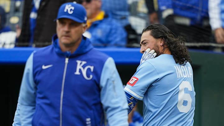 Mar 30, 2025; Kansas City, Missouri, USA; Kansas City Royals left fielder Jonathan India (6) reacts after being hit by a pitch during the ninth inning against the Cleveland Guardians at Kauffman Stadium. Mandatory Credit: Jay Biggerstaff-Imagn Images