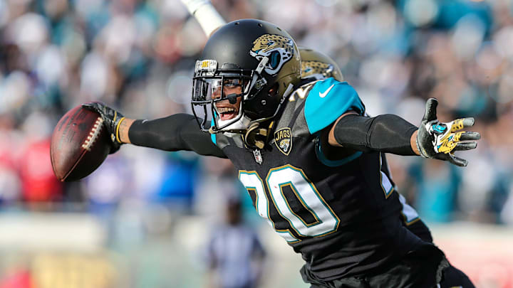 Jacksonville Jaguars cornerback Jalen Ramsey (20) runs down the field in celebration after his interception that ends Buffalo's final drive of an NFL football Wild Card play-off game at EverBank Field in Jacksonville, Fla., Sunday, Jan. 7, 2018. Jacksonville won 10-3. Jacksonville Jaguars cornerback Jalen Ramsey (20) runs down the field in celebration after his interception that ends Buffalo's final drive of an NFL football Wild Card play-off game at EverBank Field in Jacksonville, Fla., Sunday, Jan. 7, 2018. Jacksonville won 10-3.