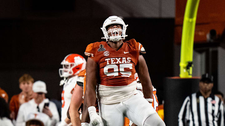 Dec 21, 2024; Austin, Texas, USA; Texas Longhorns defensive lineman Alfred Collins (95) celebrates after a quarterback sack against the Clemson Tigers in the fourth quarter at Darrell K Royal Texas Memorial Stadium.   Mandatory Credit: Sara Diggins/USA Today Network via Imagn Images