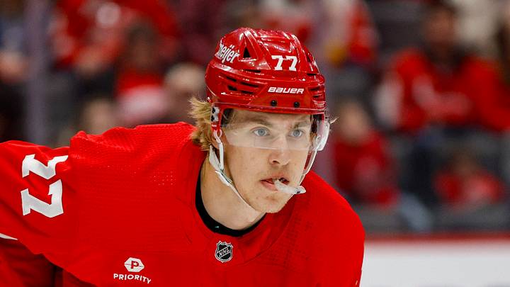 Mar 19, 2024; Detroit, Michigan, USA; Detroit Red Wings defenseman Simon Edvinsson (77) looks on during the first period at Little Caesars Arena. Mandatory Credit: Brian Bradshaw Sevald-USA TODAY Sports Mar 19, 2024; Detroit, Michigan, USA; Detroit Red Wings defenseman Simon Edvinsson (77) looks on during the first period at Little Caesars Arena. Mandatory Credit: Brian Bradshaw Sevald-USA TODAY Sports