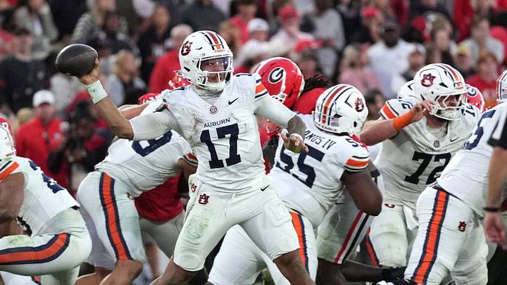Oct 17, 2026; Athens, Georgia, USA; Auburn quarterback Byrum Brown (17) throws downfield during the fourth quarter against Georgia at Sanford Stadium. Mandatory Credit: Dale Zanine-Imagn Images Oct 17, 2026; Athens, Georgia, USA; Auburn quarterback Byrum Brown (17) throws downfield during the fourth quarter against Georgia at Sanford Stadium. Mandatory Credit: Dale Zanine-Imagn Images