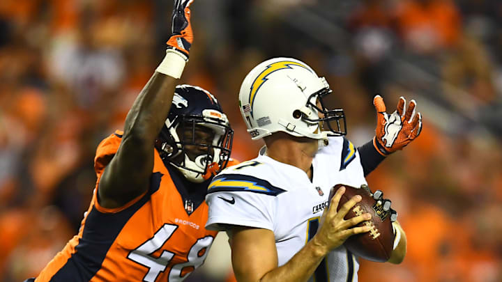 Chargers quarterback Philip Rivers (17) is sacked by Broncos outside linebacker Shaquil Barrett (48) in 2017 Chargers quarterback Philip Rivers (17) is sacked by Broncos outside linebacker Shaquil Barrett (48) in 2017