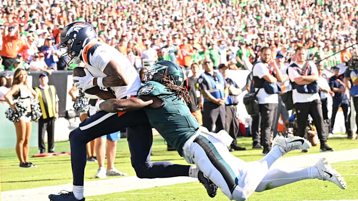 Oct 5, 2025; Philadelphia, Pennsylvania, USA; Denver Broncos wide receiver Troy Franklin (11) catches two-point conversion against Philadelphia Eagles cornerback Kelee Ringo (7) during the fourth quarter at Lincoln Financial Field. Mandatory Credit: Eric Hartline-Imagn Images Oct 5, 2025; Philadelphia, Pennsylvania, USA; Denver Broncos wide receiver Troy Franklin (11) catches two-point conversion against Philadelphia Eagles cornerback Kelee Ringo (7) during the fourth quarter at Lincoln Financial Field. Mandatory Credit: Eric Hartline-Imagn Images