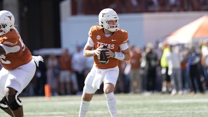 Nov 9, 2024; Austin, Texas, USA; Texas Longhorns quarterback Quinn Ewers (3) looks to throw a pass during the first half against the Florida Gators at Darrell K Royal-Texas Memorial Stadium. Mandatory Credit: Scott Wachter-Imagn Images
