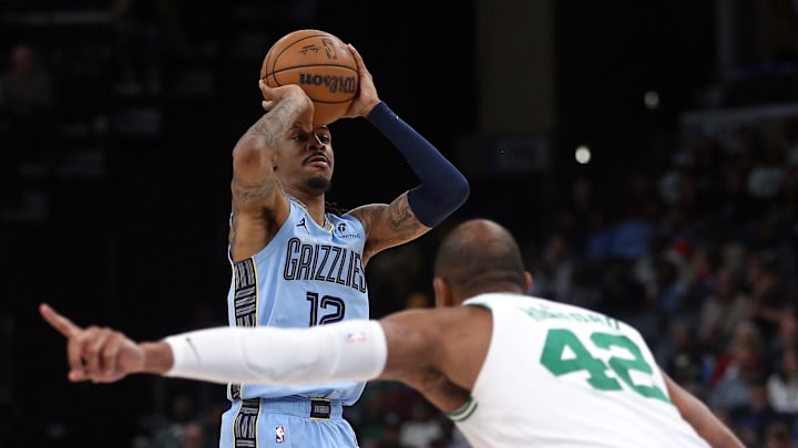 Ja Morant shoots against the Celtics on March 31.